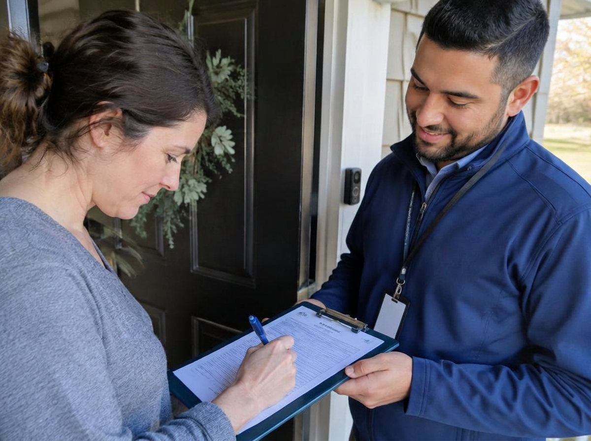 Homeowner signing paperwork with a FieldDesk representative